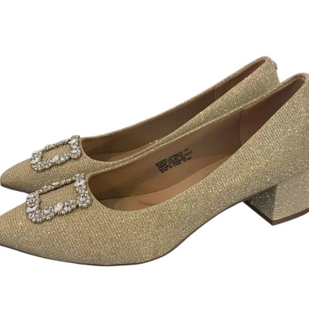 Anne Klein Nambi Gold Rhinestone Buckle Pumps Block Heel Size 7